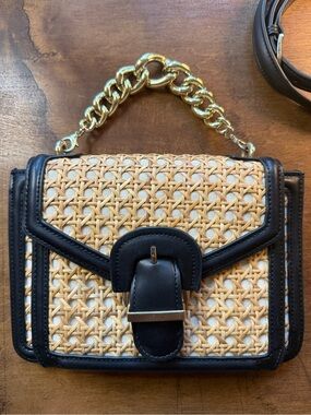 Zara Woven Rattan linen Crossbody Bag Black Trim Gold Chain